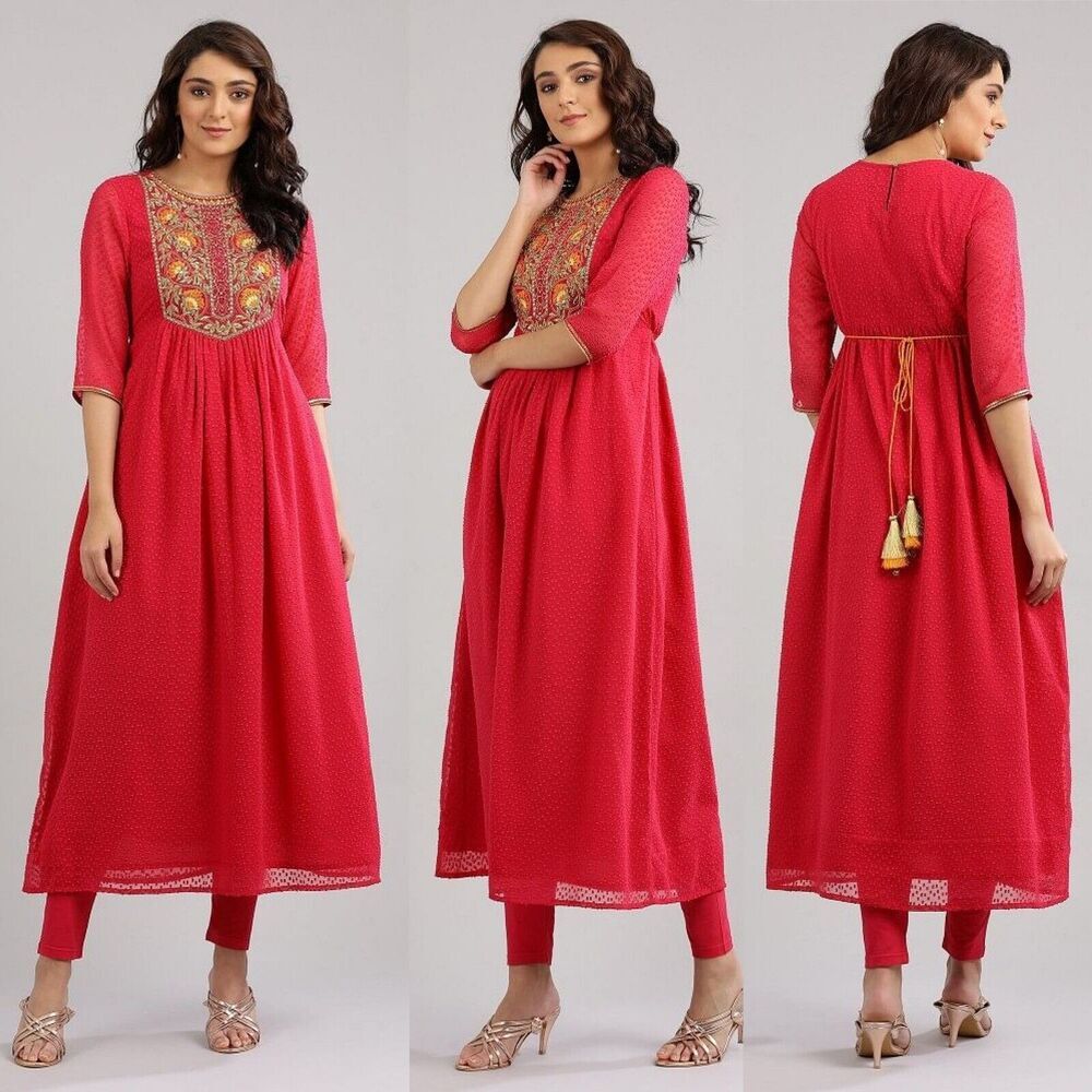 Aurelia Womens Pink Round Neck Embellished Floral Kurta L Festive Ethnic India